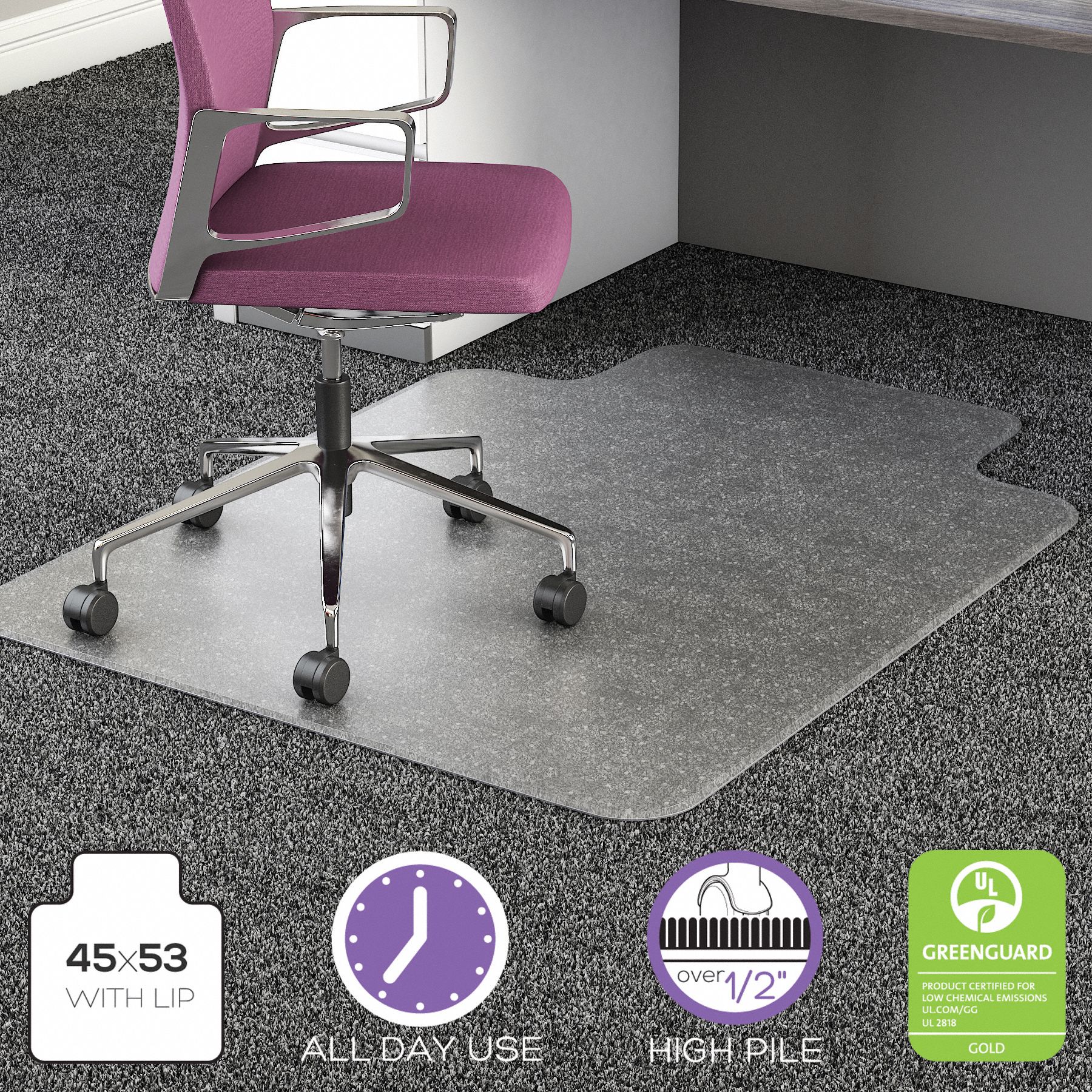 GRAINGER APPROVED Traditional Lip Chair Mat, Clear, For Carpet with