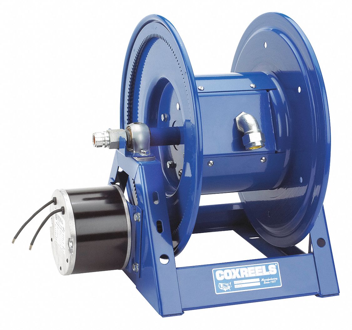 MOTORIZED CORD REEL, 150 °  F, POWDER COATED FINISH, 17½ IN L, 21⅝ IN W, 19⅛ IN H, HOSE NOT INCLUDED