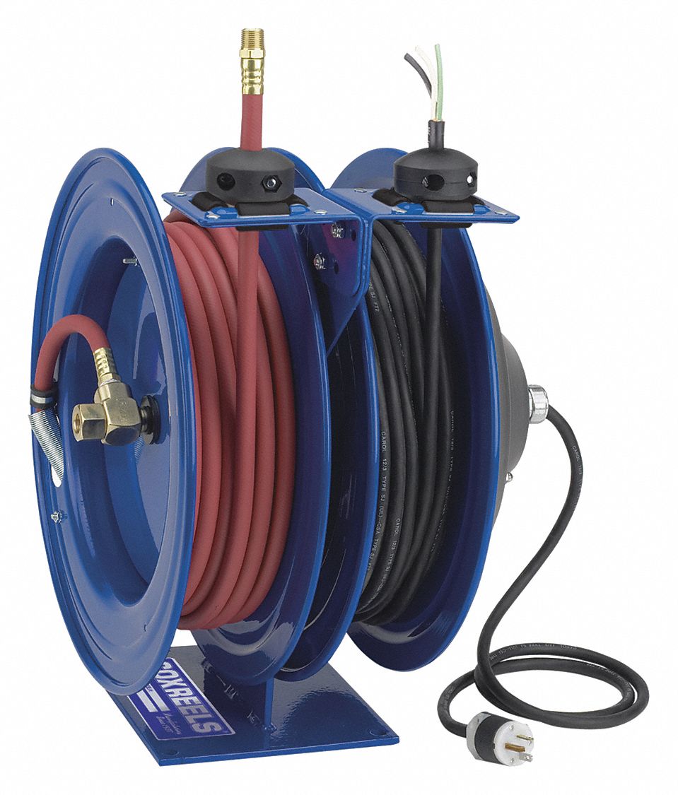 Dual Reel Spring Return Hose Reel: 50 ft (3/8 in I.D.), 3/8 in MNPT x 3/8 in MNPT