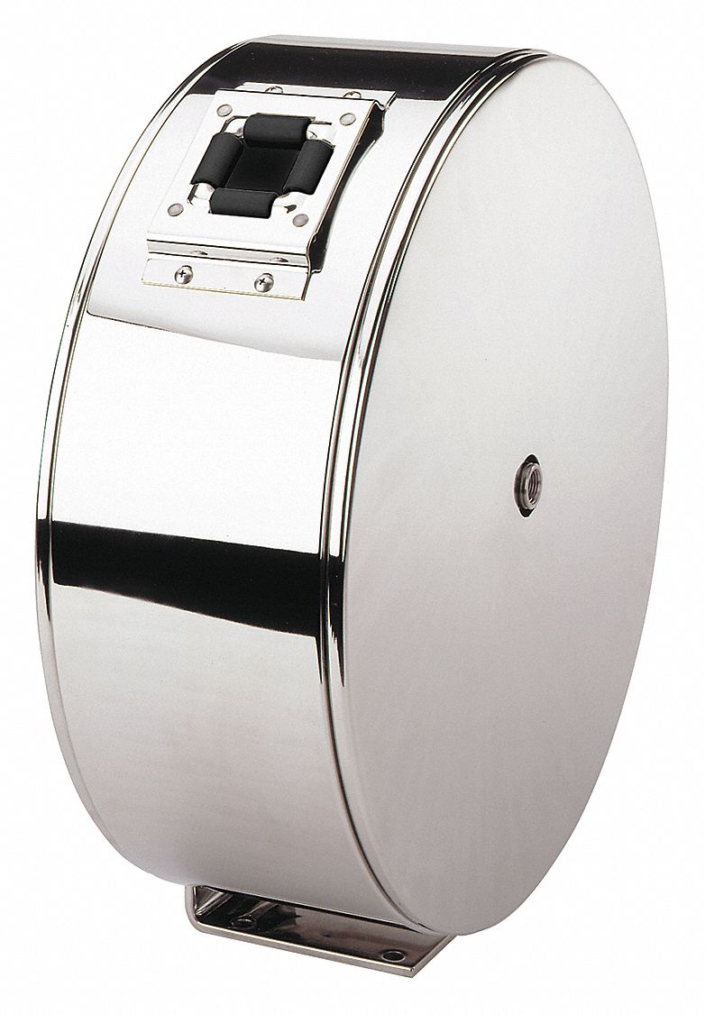 Spring Return Hose Reel: 50 ft (3/8 in I.D.), 300 psi Max Op Pressure, Stainless Steel, Silver