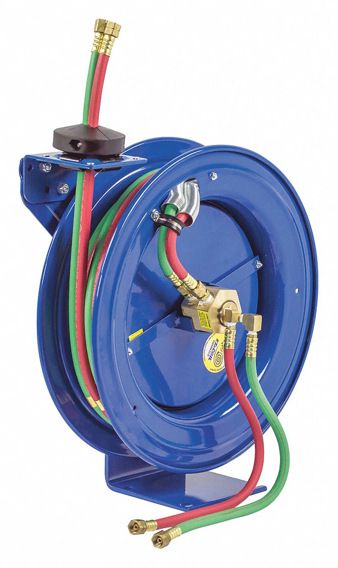 SPRING DRIVEN HOSE REEL, 150 °  F, RUBBER, POWDER COATED, 17 IN L, 8½ IN W, 18⅝ IN H, 200 PSI, ¼ IN ID, ¼ IN FITTINGS