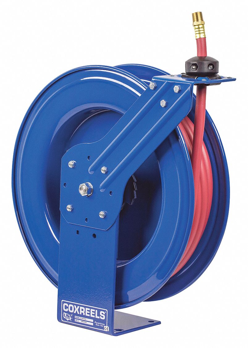 SPRING RETURN HOSE REEL: 50 FT (½ IN I.D.), ½ IN MNPT, 300 PSI MAX, BRASS, BLUE, RED