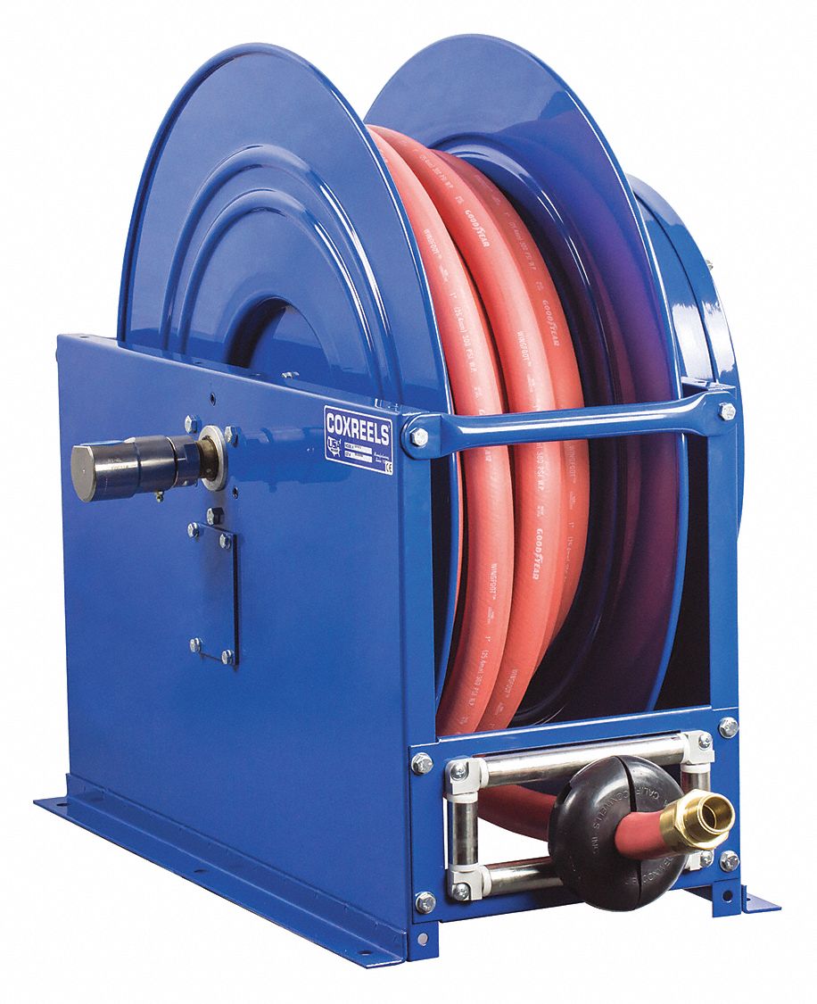 SPRING RETURN HOSE REEL: 100 FT (¾ IN I.D.), ¾ IN MNPT, 300 PSI MAX, BRASS, BLUE