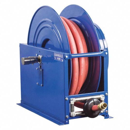 Spring Return Hose Reel: 100 ft (3/4 in I.D.), 3/4 in MNPT, 300 psi Max Op  Pressure, Brass, Blue