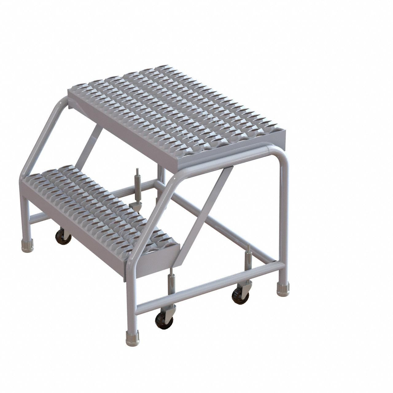 TRI-ARC Step Stool: 1.7 ft Overall Ht, 350 lb Load Cap, 2 Steps, Aluminum, 1.7 ft Standing Ht (MPN WLAR002245). Key specifications — attr1051722: Rolling Step Stool; attr1051697: TRI-ARC; attr1051699: (4) Swivel; attr1051702: Silver; attr1051713: Handrails Not Included; attr1051726: Rectangle.