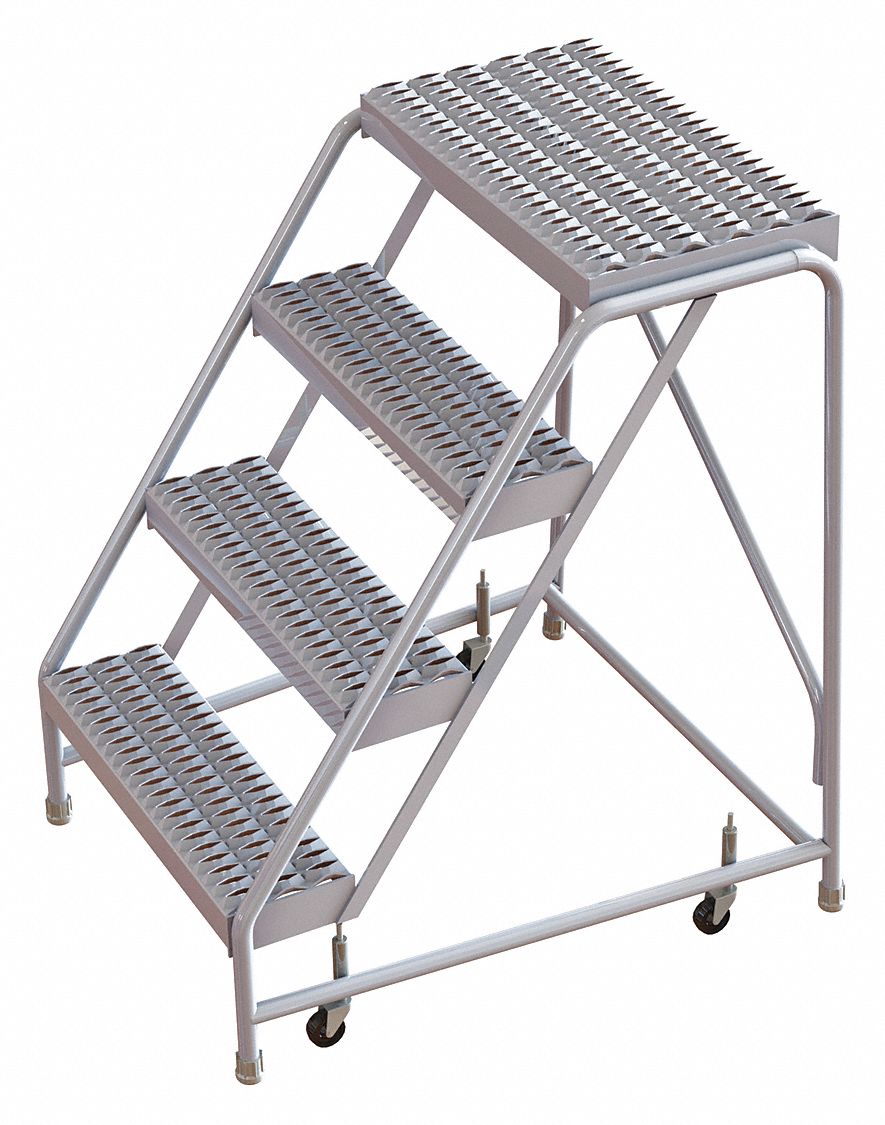 Rolling Ladder: 3.3 ft Platform Ht, Assembled, Aluminum, Wt-Actuated, Serrated, No Handrails