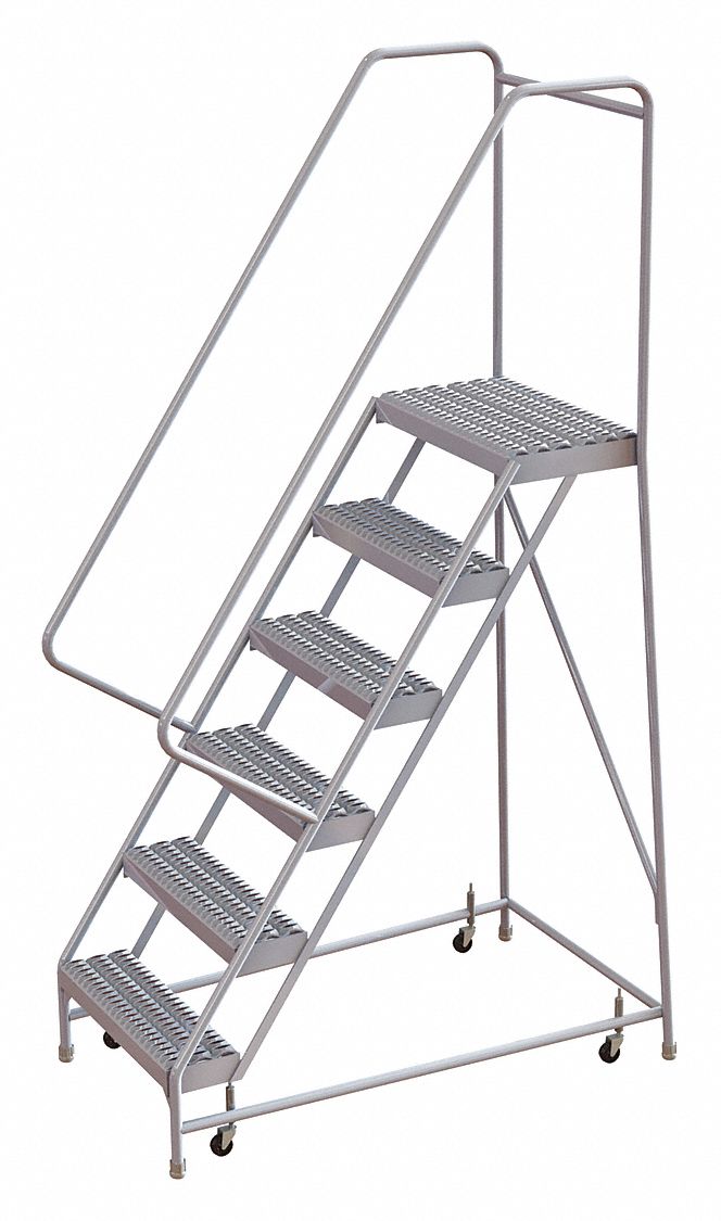 Rolling Ladder: 5 ft Platform Ht, Assembled, Aluminum, Wt-Actuated, Serrated, 26 in x 51 in
