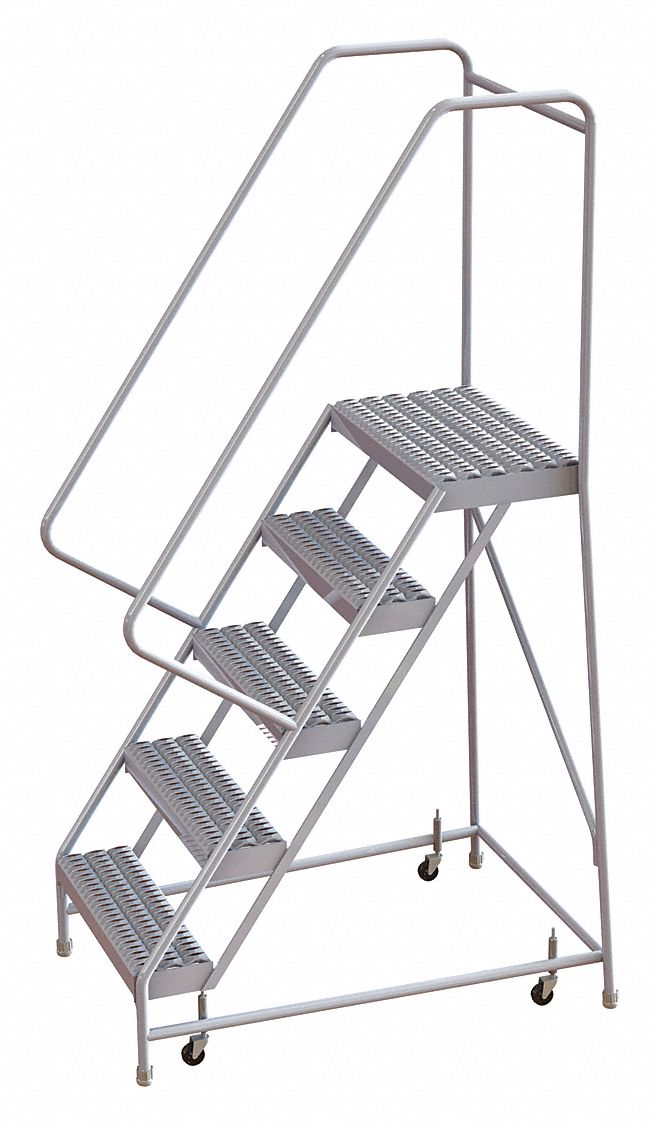 Rolling Ladder: 4.2 ft Platform Ht, Assembled, Aluminum, Wt-Actuated, Serrated