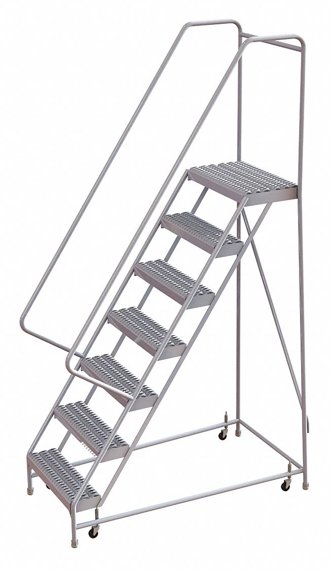Rolling Ladder: 5.8 ft Platform Ht, Assembled, Aluminum, Wt-Actuated, Serrated