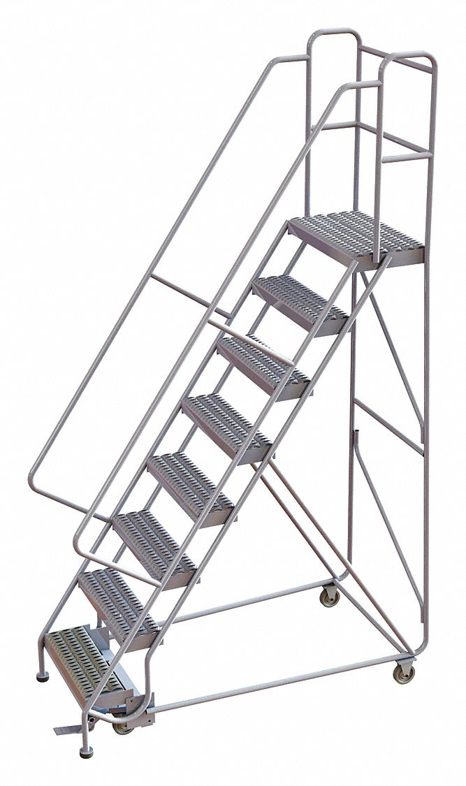 Rolling Ladder: 6.7 ft Platform Ht, Assembled, Aluminum, Manual Lock, Serrated