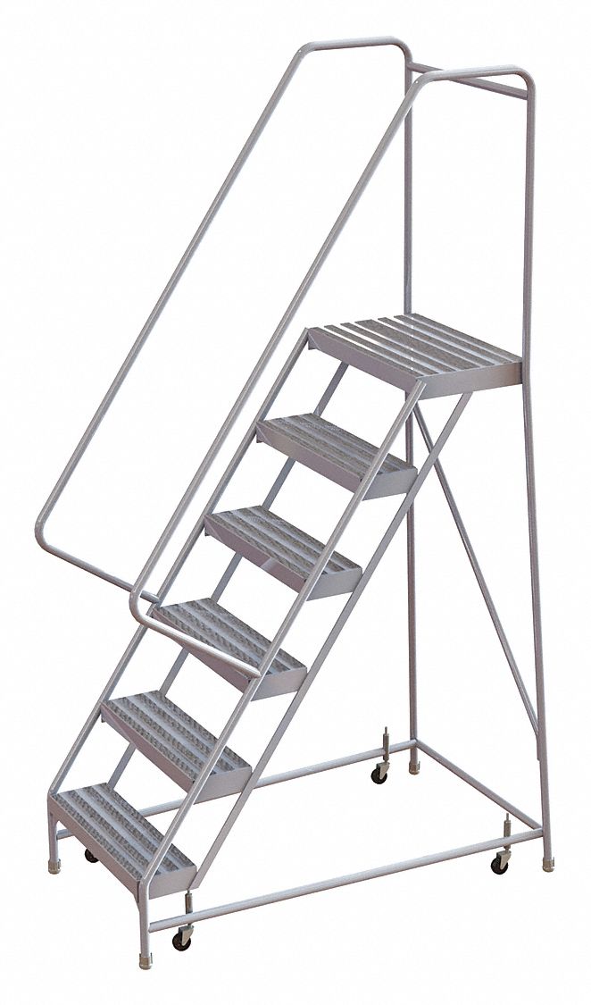 Rolling Ladder: 5 ft Platform Ht, Assembled, Aluminum, Wt-Actuated, Ribbed, 26 in x 51 in