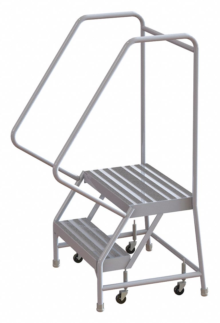 Rolling Ladder: 1.7 ft Platform Ht, Assembled, Aluminum, Wt-Actuated, Ribbed, 29 in x 23 in