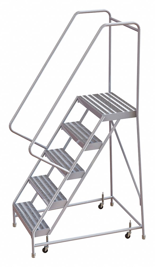 Rolling Ladder: 4.2 ft Platform Ht, Assembled, Aluminum, Wt-Actuated, Ribbed, 32 in x 44 in
