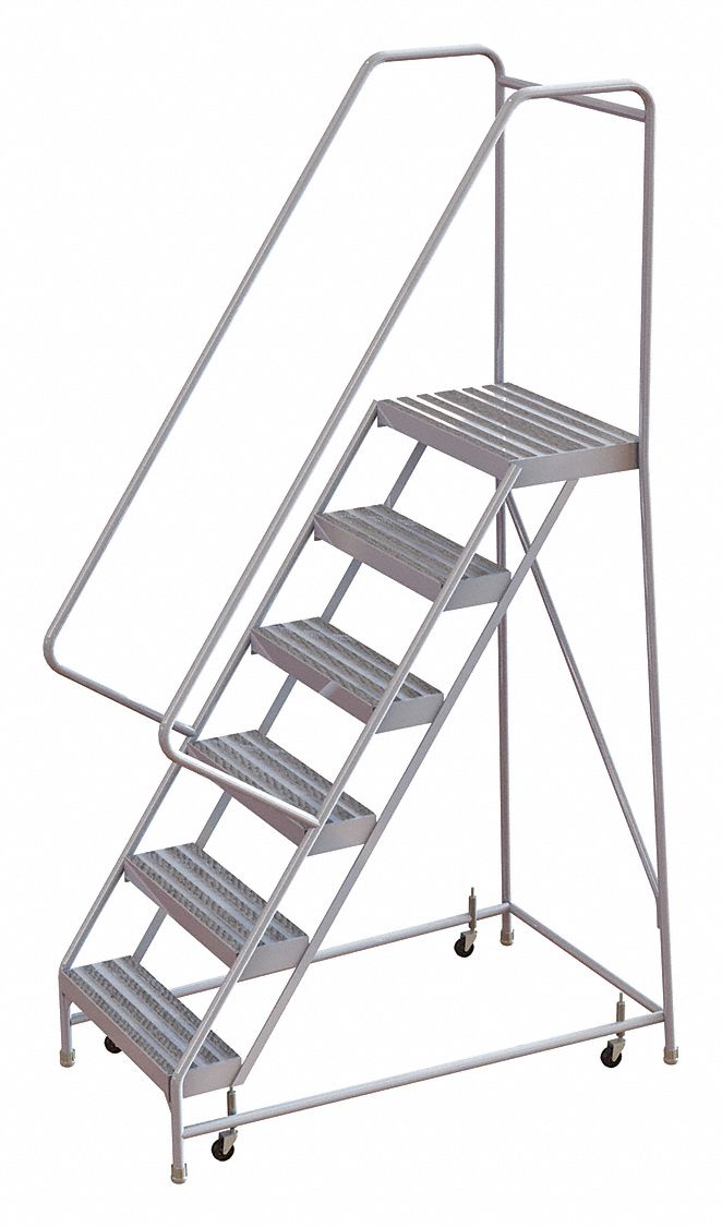 Rolling Ladder: 5 ft Platform Ht, Assembled, Aluminum, Wt-Actuated, Ribbed, 32 in x 51 in