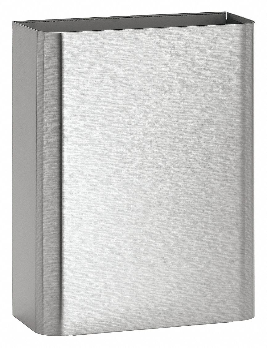 Trash Can: Stainless Steel, 6 1/2 gal Container Capacity, Open Top, 14 in Overall Wd, Silver