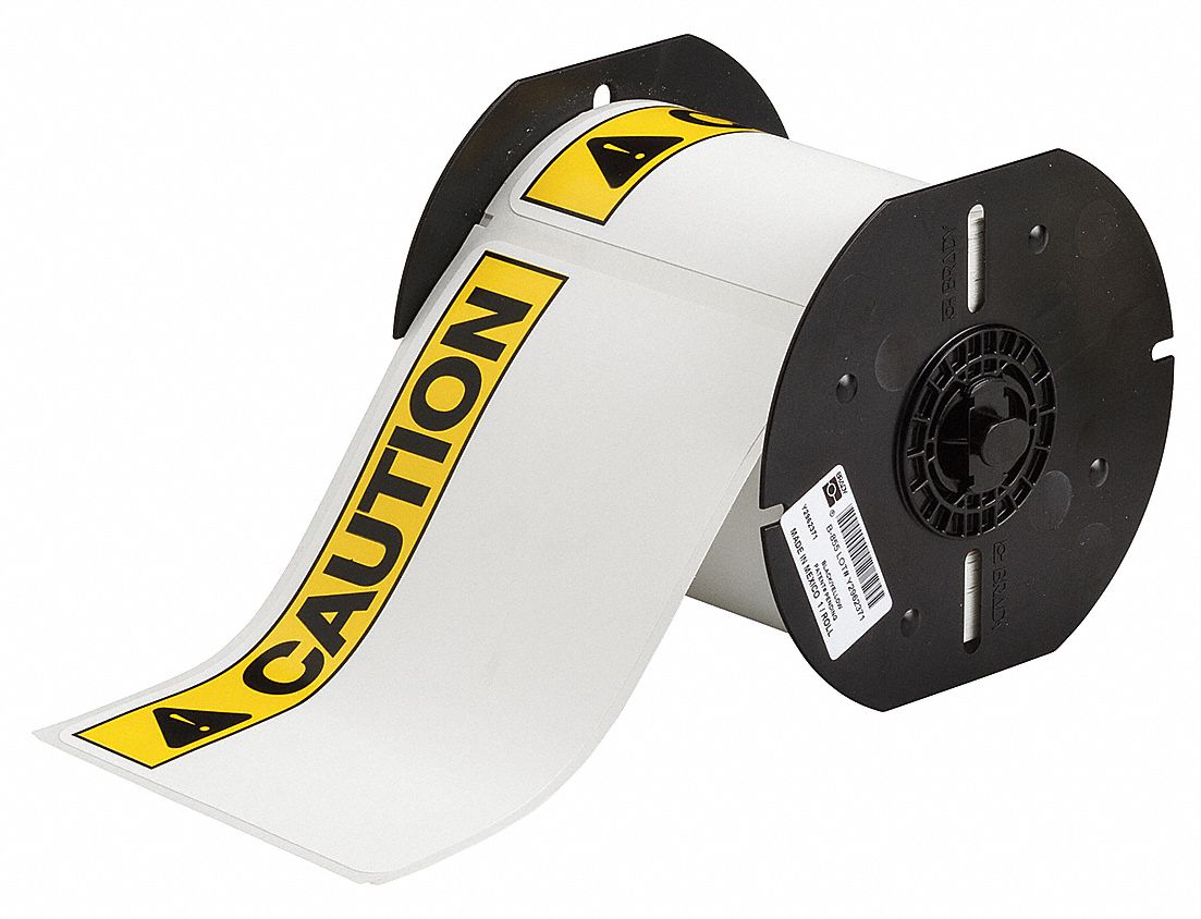 PRECUT LABEL ROLL, CAUTION, CAUTION HEADER, 4 IN X 6¼ IN, 4 IN, METAL DETECTABLE POLYESTER, WHITE