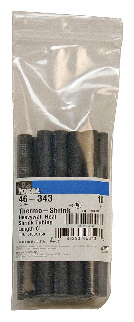 HEAT SHRINK TUBING, 0.4 IN I.D. BEFORE SHRINKING, 0.15 IN I.D. AFTER SHRINKING, 6 IN L, 10 PK