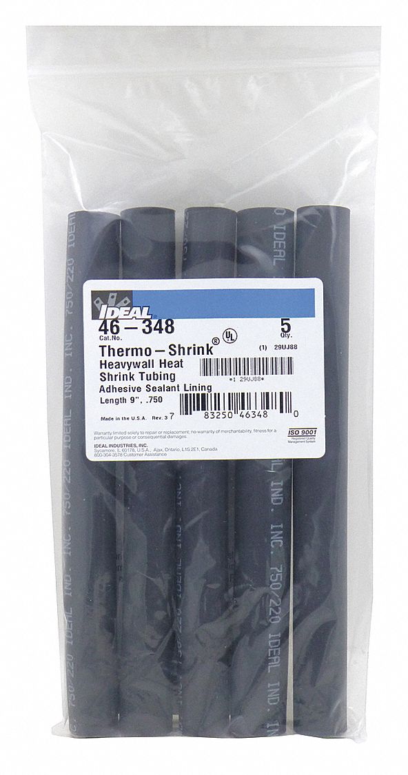 HEAT SHRINK TUBING, ¾ IN I.D. BEFORE SHRINKING, 0.24 IN I.D. AFTER SHRINKING, 9 IN L, 5 PK