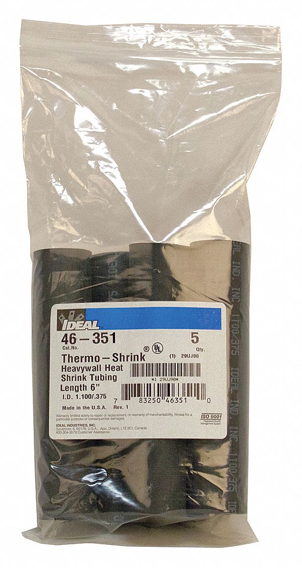 HEAT SHRINK TUBING, 1.1 IN I.D. BEFORE SHRINKING, 0.35 IN I.D. AFTER SHRINKING, 6 IN L, 5 PK