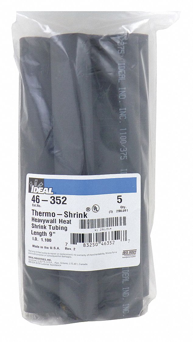 HEAT SHRINK TUBING, 1.1 IN I.D. BEFORE SHRINKING, 0.35 IN I.D. AFTER SHRINKING, 9 IN L, 5 PK