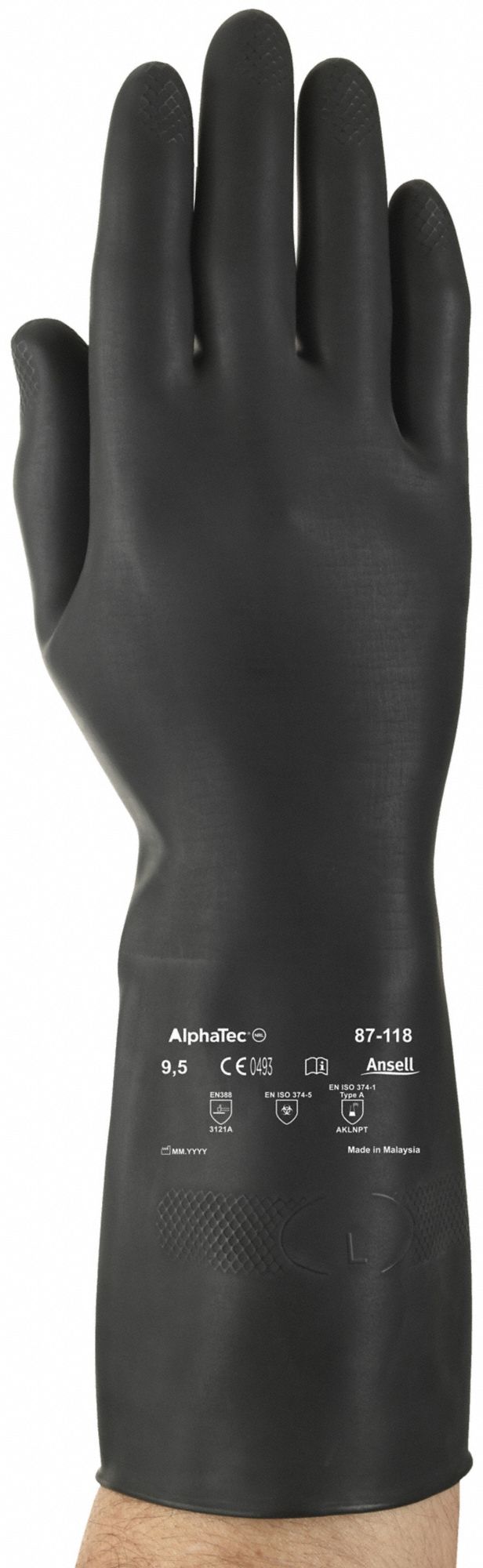 Chemical-Resistant Gloves: 87-118, ANSELL AlphaTec(R) 87-118, 6 Glove Size, Gen Purpose, Black, 1 PR