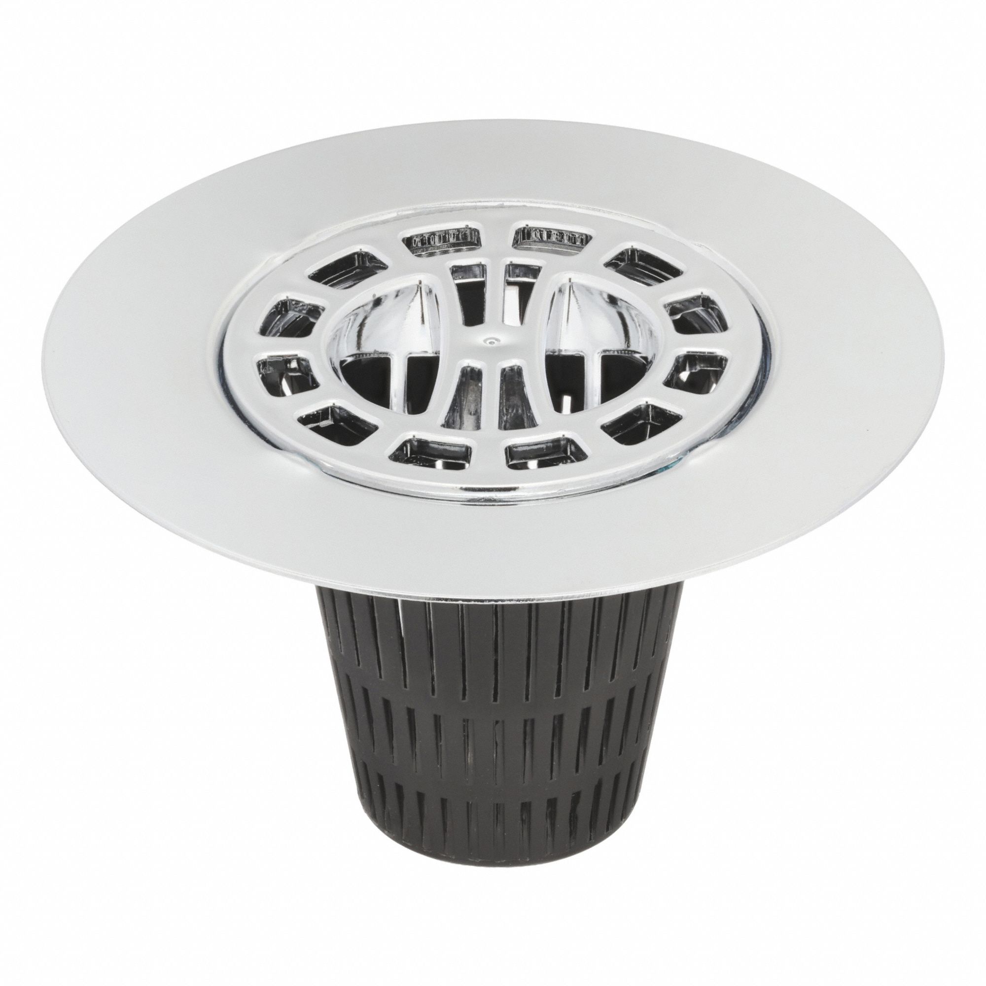 DANCO Cover: Plastic/Stainless Steel, Chrome, 4 1/4 in Overall Dia, 2 1/2 in Overall Ht, Flanged (MPN 9D00010529). Key specifications — Color: Silver; Includes: Extra Basket; Connection Type: Flanged; Material: Stainless Steel.