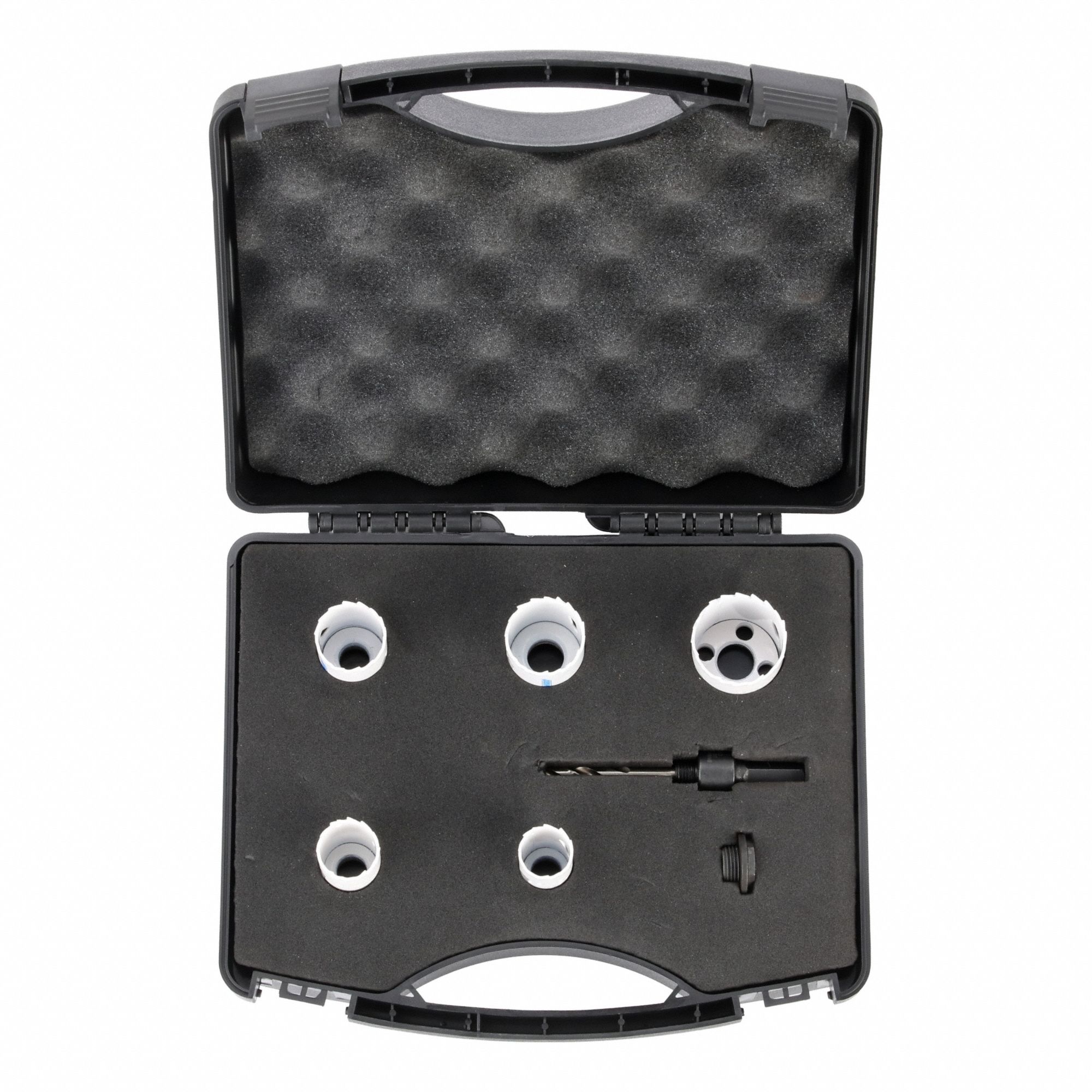 Hole Saw Kit: 7 Pieces, 1 1/2 in Max. Cutting Dp, Bi-Metal, 4/6 Teeth per Inch