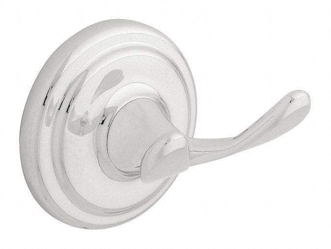 Bathroom Hook: 9002PC, 2 Hooks, Zinc, Polished, 2 7/8 in x 2 7/8 in x 2 7/8 in, Wall