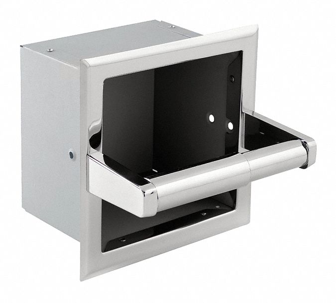 Toilet Paper Holder: Std Core, Horizontal Single Roll, Recessed Holder, Steel, Silver