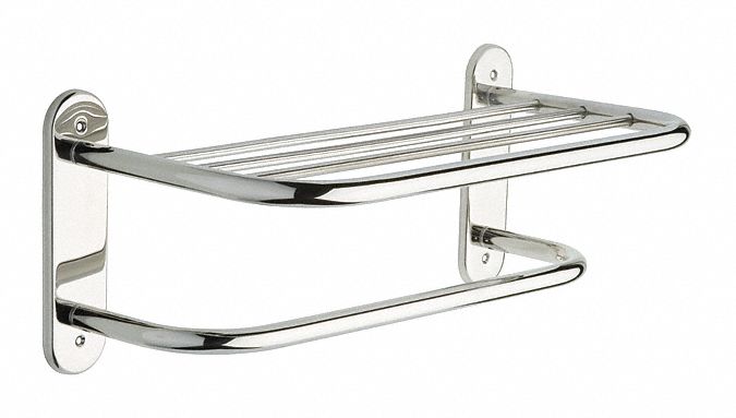 Towel Shelf: 1 Shelves, Bright Stainless Steel, 18 in Overall Lg, 8 1/2 in Overall Ht