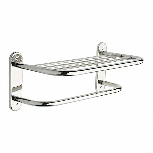 Towel Shelf: 1 Shelves, Bright Stainless Steel, 18 in Overall Lg, 8 1/2 in Overall Ht