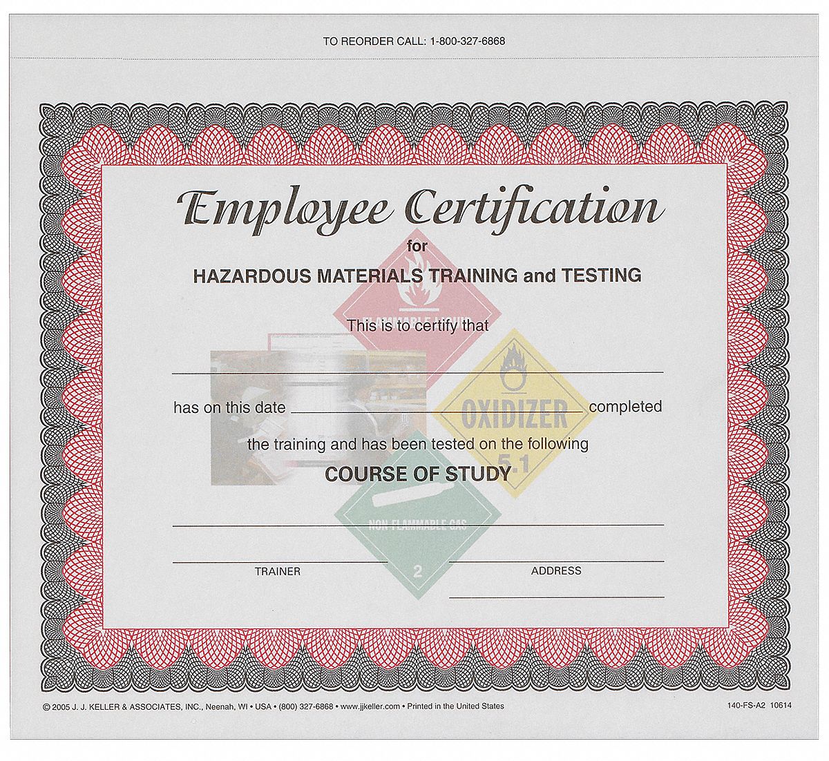 JJ KELLER Chemical/HAZMAT Actual Certificate in 2 in Ply Format