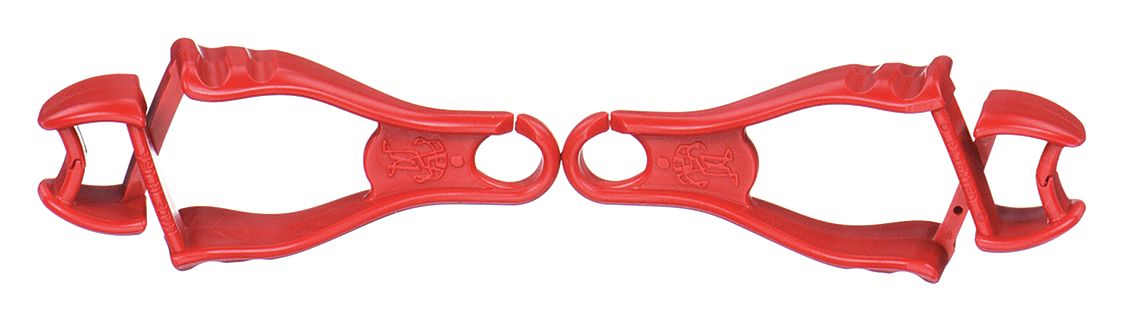 Glove Holder Clips: Plastic, Plastic, 6 1/2 in Lg, 1/2 in Max Clip Opening, Red