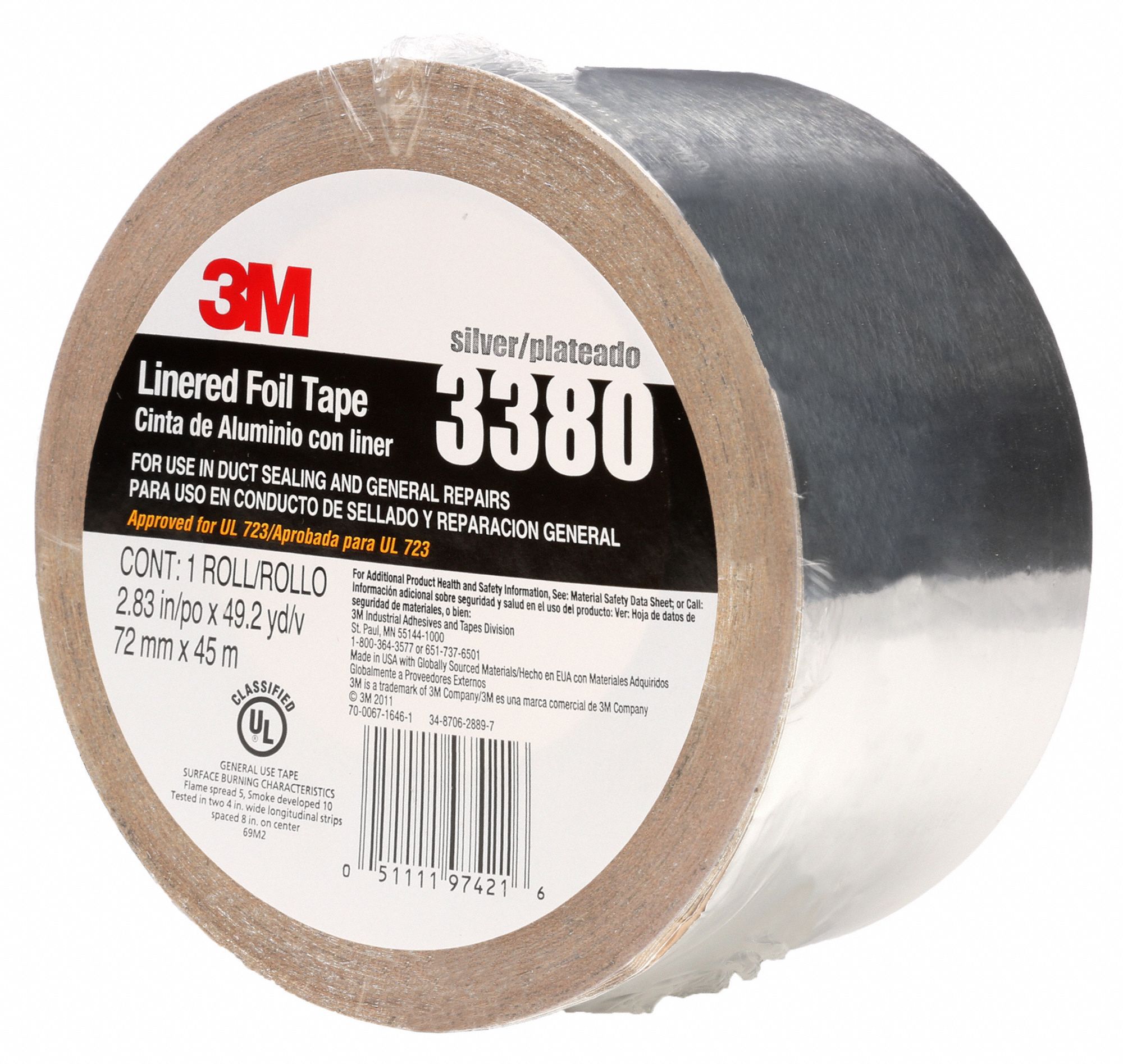 Foil Tape: 2 3/4 in Wd, 49 yd Lg, 3.25 mil Thick, Acrylic, Indoor/Outdoor, -30°F Min Temp, Silver