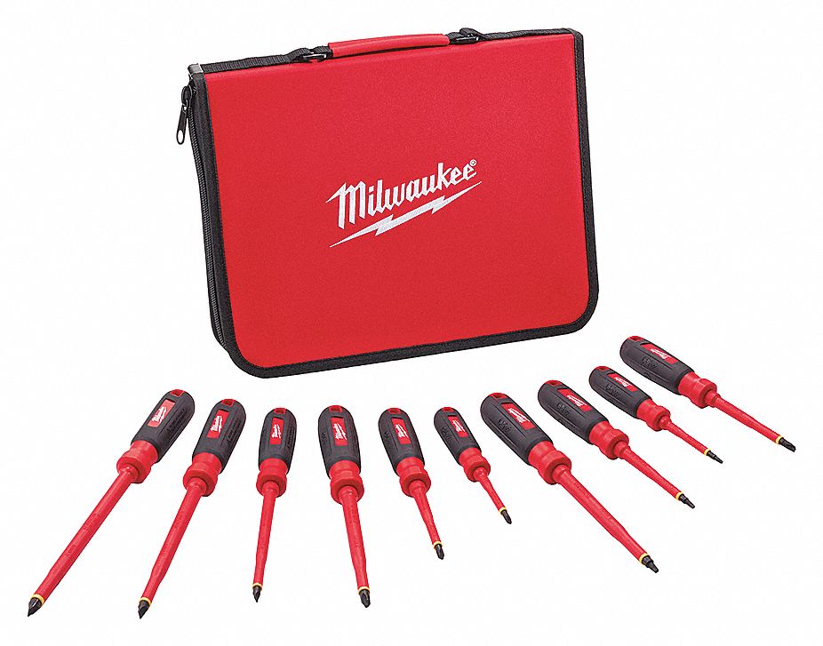 TETHER READY INSULATED SCREWDRIVER SET, 10 PIECES, ECX/PHILLIPS/SLOTTED/SQUARE TIP