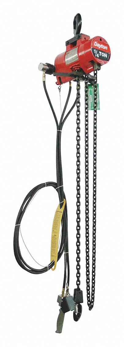 AIR CHAIN HOIST, HOOK MOUNTED - NO TROLLEY, 500 LB LIFTING CAPACITY, 65 FPM LIFT SPEED, NPT