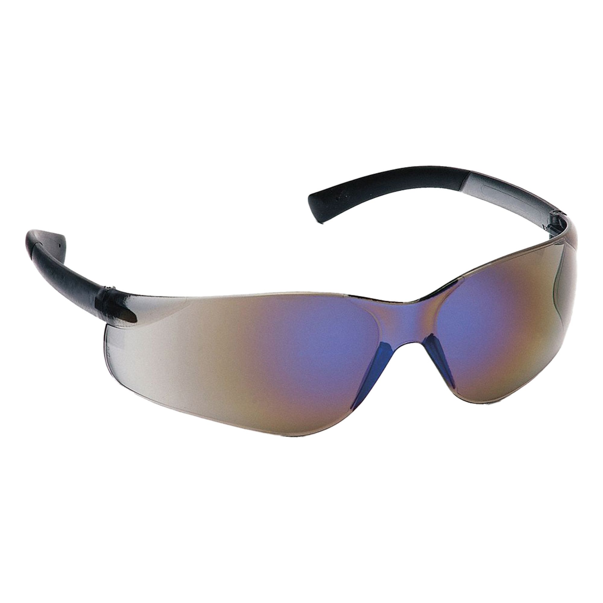 Safety Glasses: Blue Lens, Frameless, Mirrored/Scratch-Resistant, Black Frame