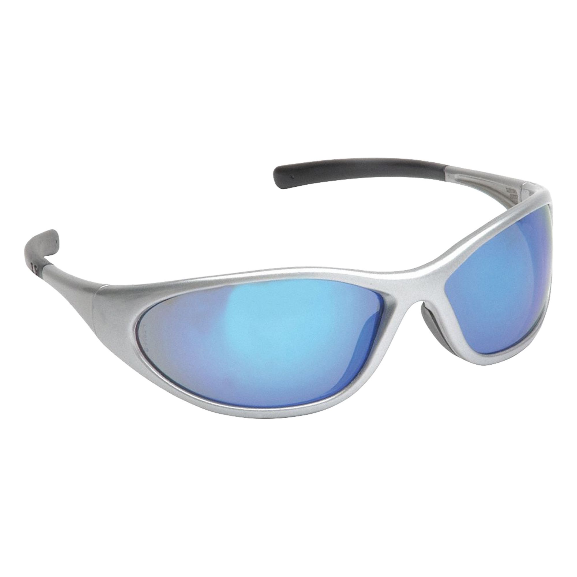 Safety Glasses: Blue Lens, Full-Frame, Mirrored/Scratch-Resistant, Silver Frame