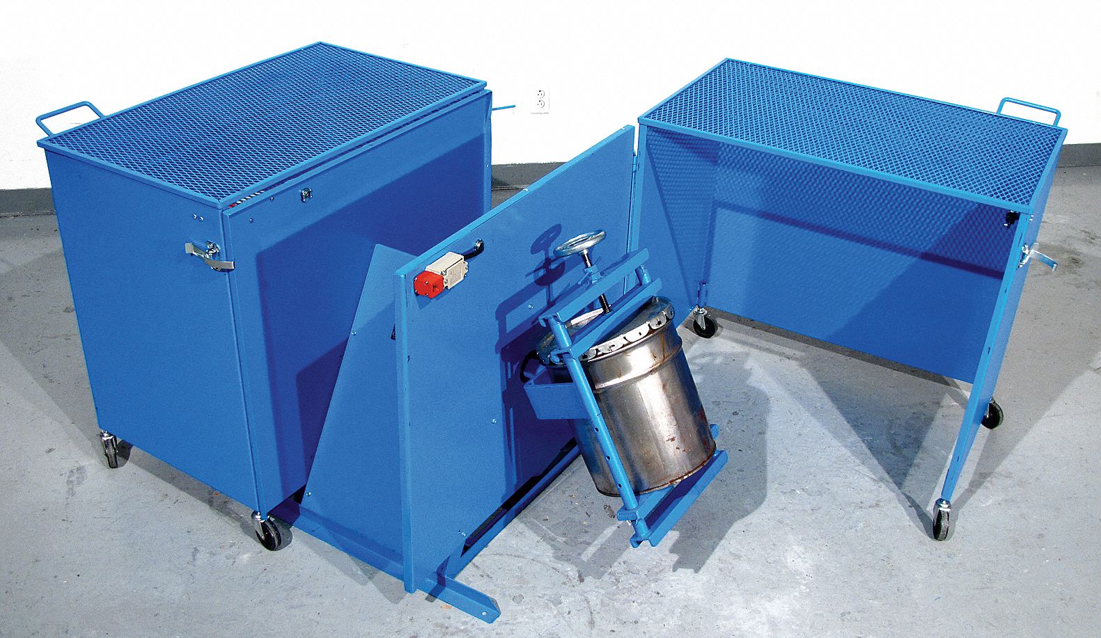 Drum Safety Enclosure: 66.88 in x 35.63 in x 35.28 in, 7.33 ft Door Opening Wd, Steel, 115V AC