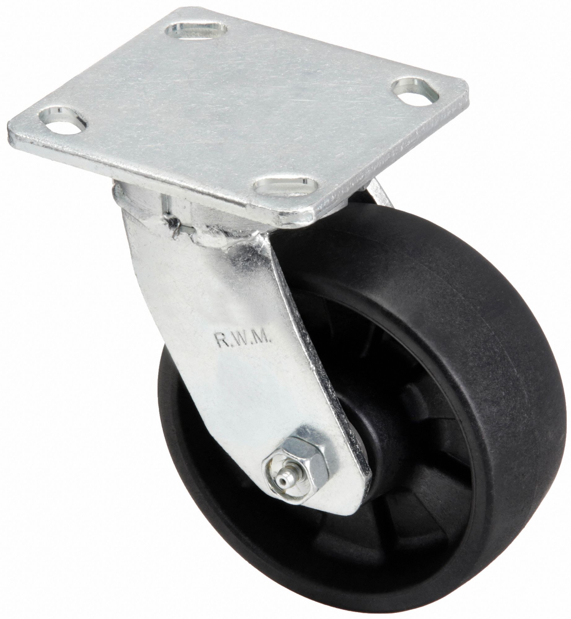 Plate Caster: Swivel, Rubber, 5 in Wheel Dia, 2 in Wheel Wd, 6 1/2 in Mounting Ht, Roller