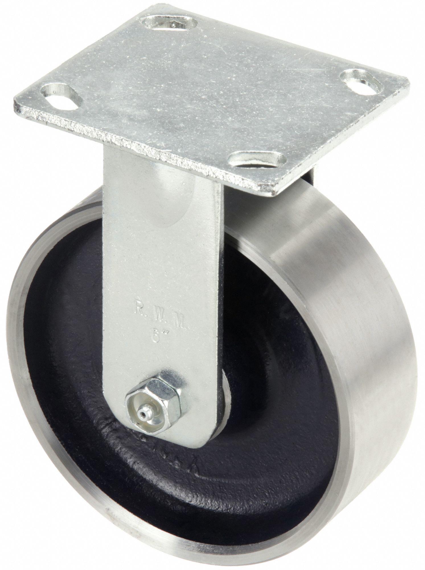 Plate Caster: Rigid, Steel, 6 in Wheel Dia, 2 in Wheel Wd, 7 1/2 in Mounting Ht, Roller, Rigid