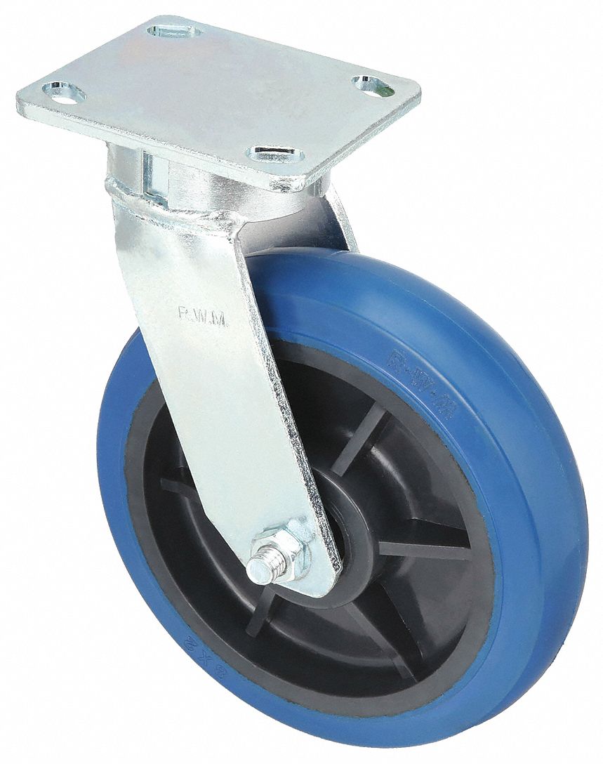 Plate Caster: Swivel, Rubber, 6 in Wheel Dia, 2 in Wheel Wd, 7 1/2 in Mounting Ht, Ball, Swivel