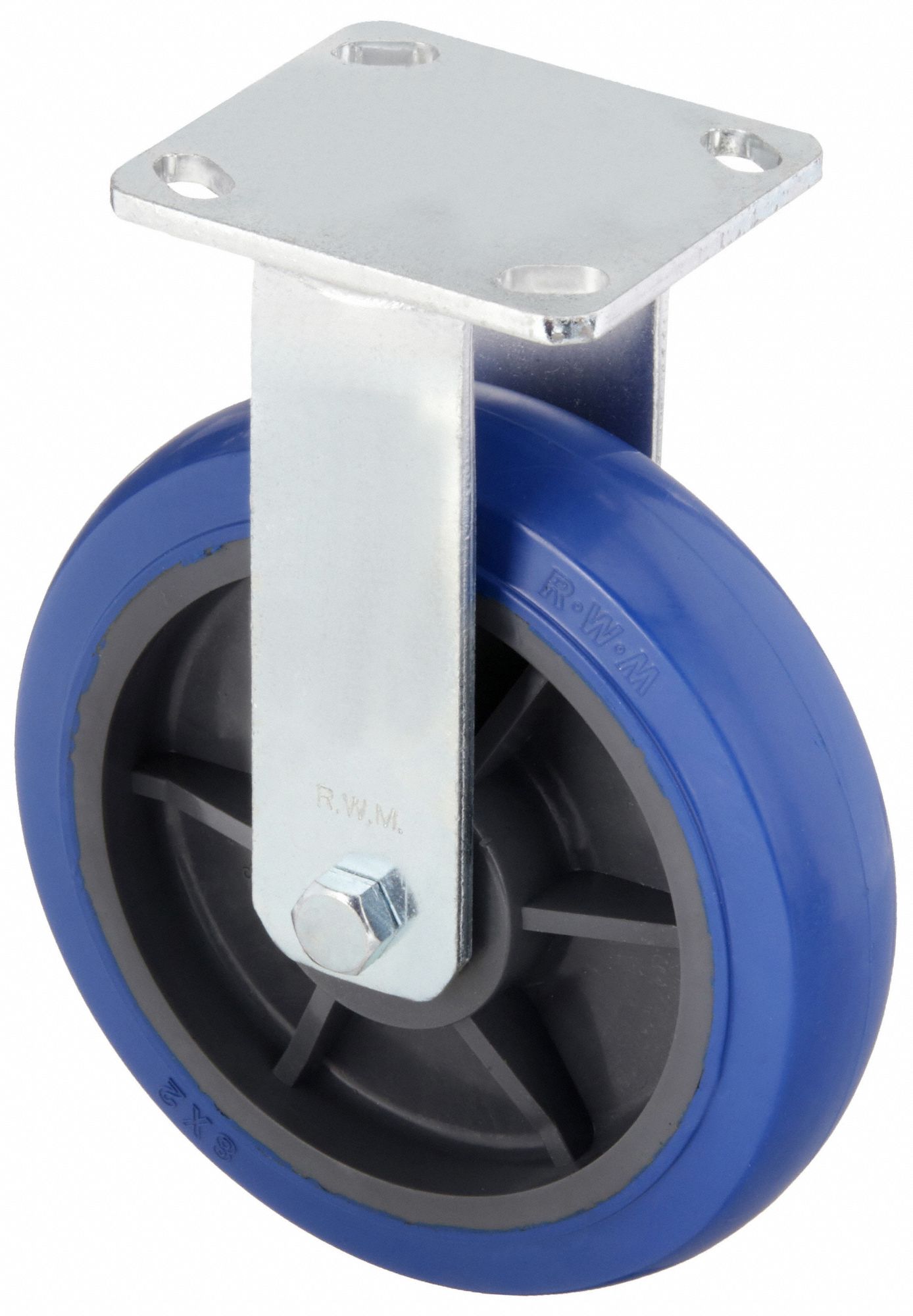 Plate Caster: Rigid, Rubber, 8 in Wheel Dia, 2 in Wheel Wd, 10 1/8 in Mounting Ht, Ball, Rigid