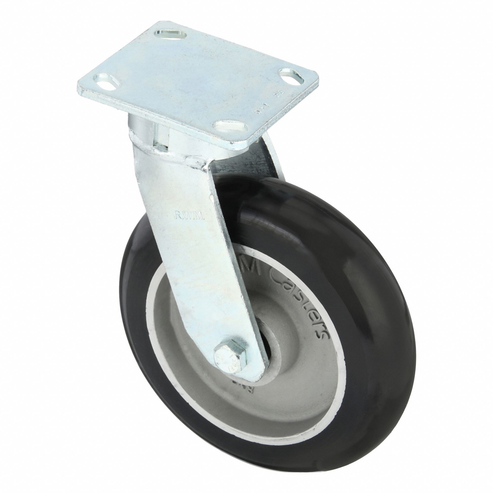 Plate Caster: Swivel, Polyurethane, 8 in Wheel Dia, 2 in Wheel Wd, 10 1/8 in Mounting Ht, Ball