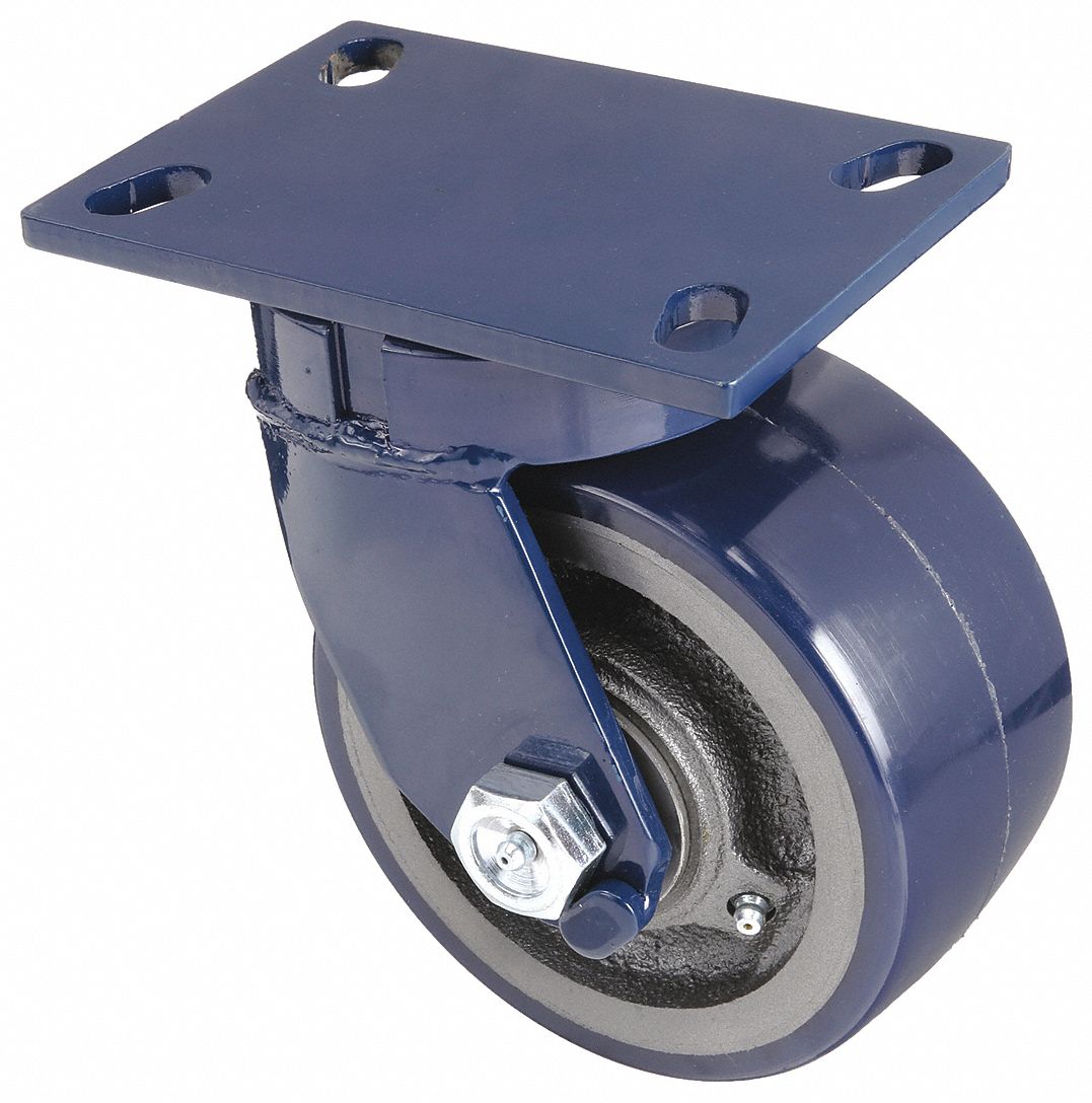 Plate Caster: Swivel, Polyurethane, 6 in Wheel Dia, 3 in Wheel Wd, 7 1/2 in Mounting Ht, Roller