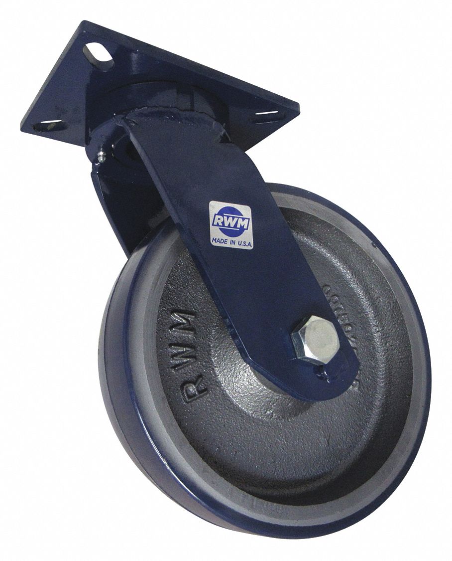 Plate Caster: Swivel, Polyurethane, 10 in Wheel Dia, 3 in Wheel Wd, 12 1/2 in Mounting Ht, Ball