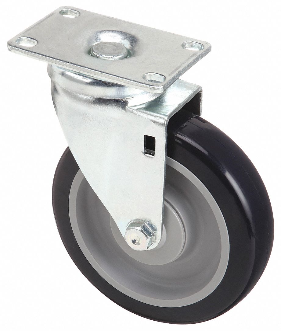 Plate Caster: Swivel, Polyurethane, 5 in Wheel Dia, 1 1/4 in Wheel Wd, Light Duty