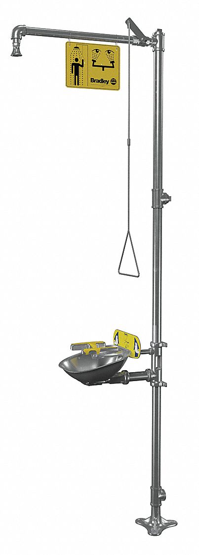 Shower with Eyewash: Floor Mnt, Uncovered, Stainless Steel Bowl, Stainless Steel Pipe