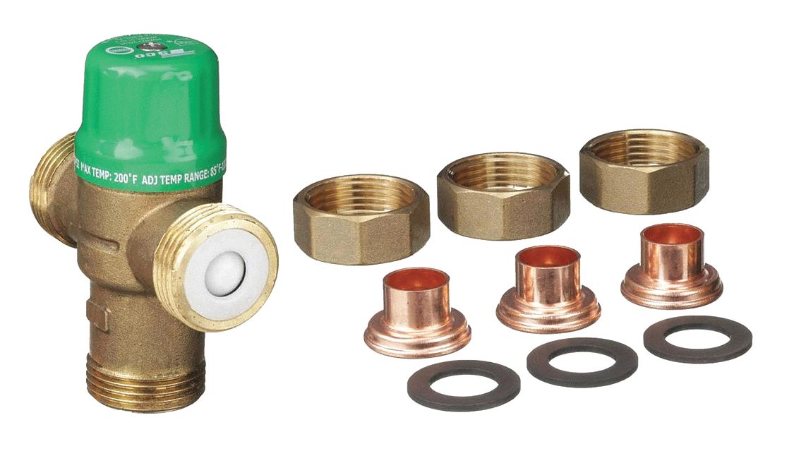 Thermostatic Mixing Valve: 1/2 in Inlet Connection Size, 1/2 in Outlet Connection Size, Brass