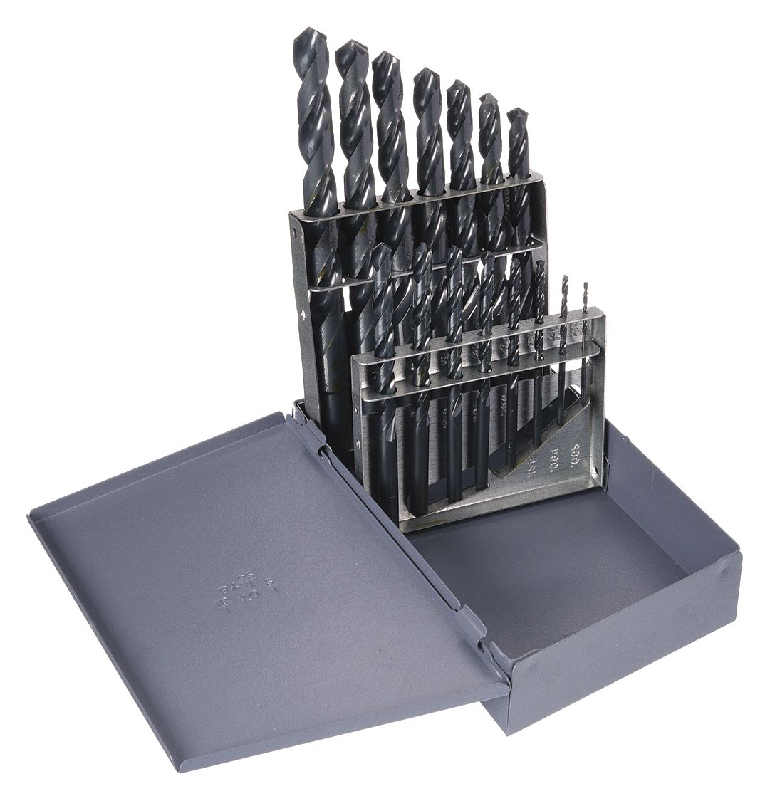 JOBBER DRILL BIT SET, 15 PIECE, STEAM OXIDE, 118 °  POINT ANGLE, 1/16 IN-1/2 IN DIA, HIGH-SPEED STEEL